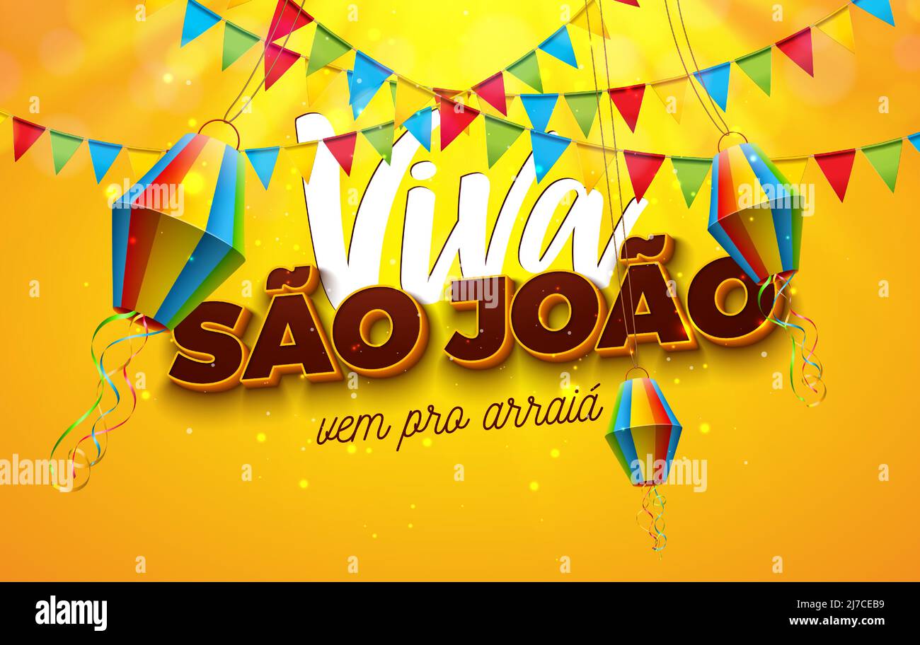Festa Junina Illustration avec drapeaux de fête et lanterne en papier sur fond jaune. Vector Brésil juin Sao Joao Festival Design avec 3D lettrage pour Illustration de Vecteur