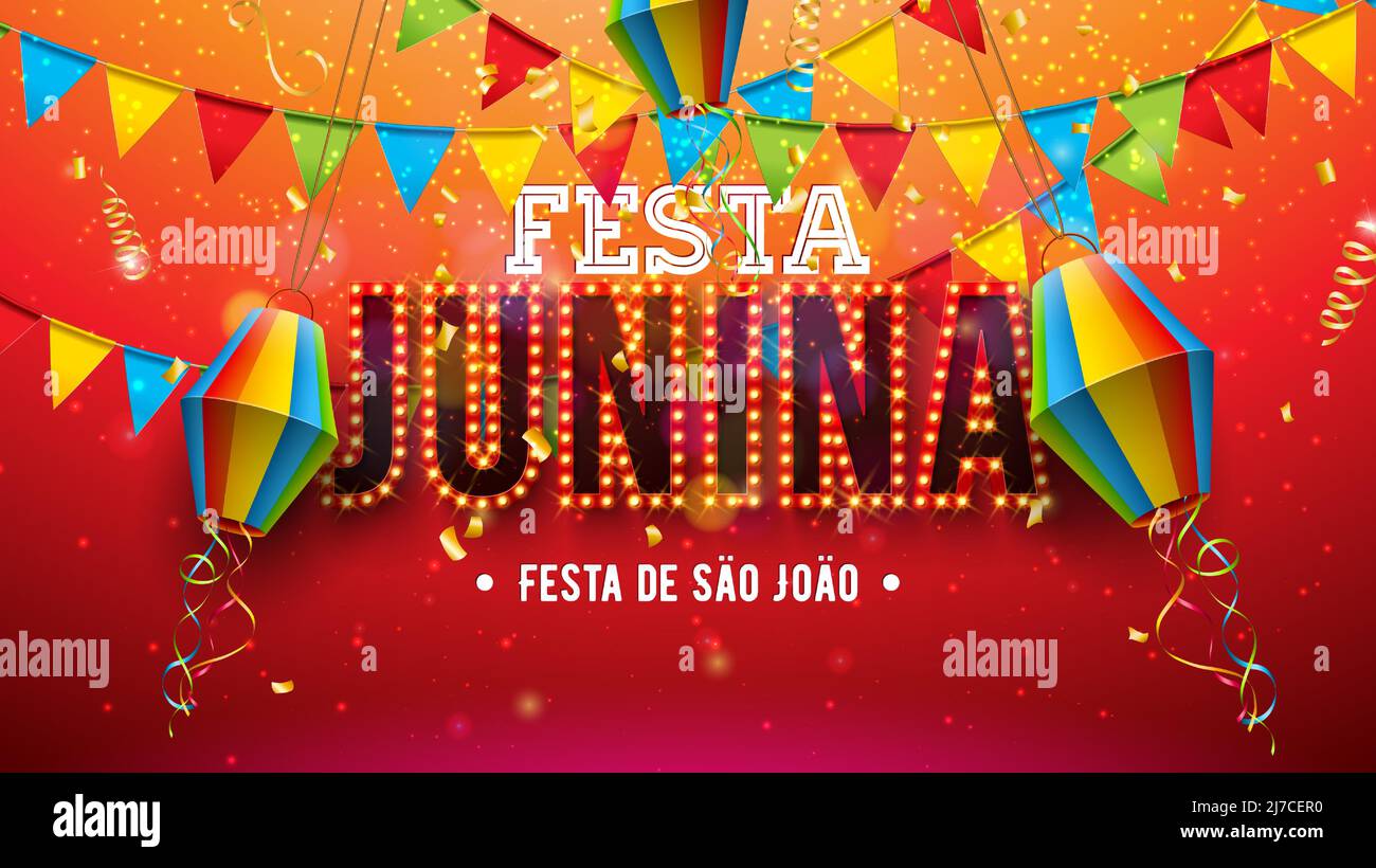 Festa Junina Illustration avec lanterne en papier, drapeaux de fête et ampoule lumineuse lettrage de panneau d'affichage sur fond rouge. Vector Brésil Festival de juin de Sao Joao Illustration de Vecteur