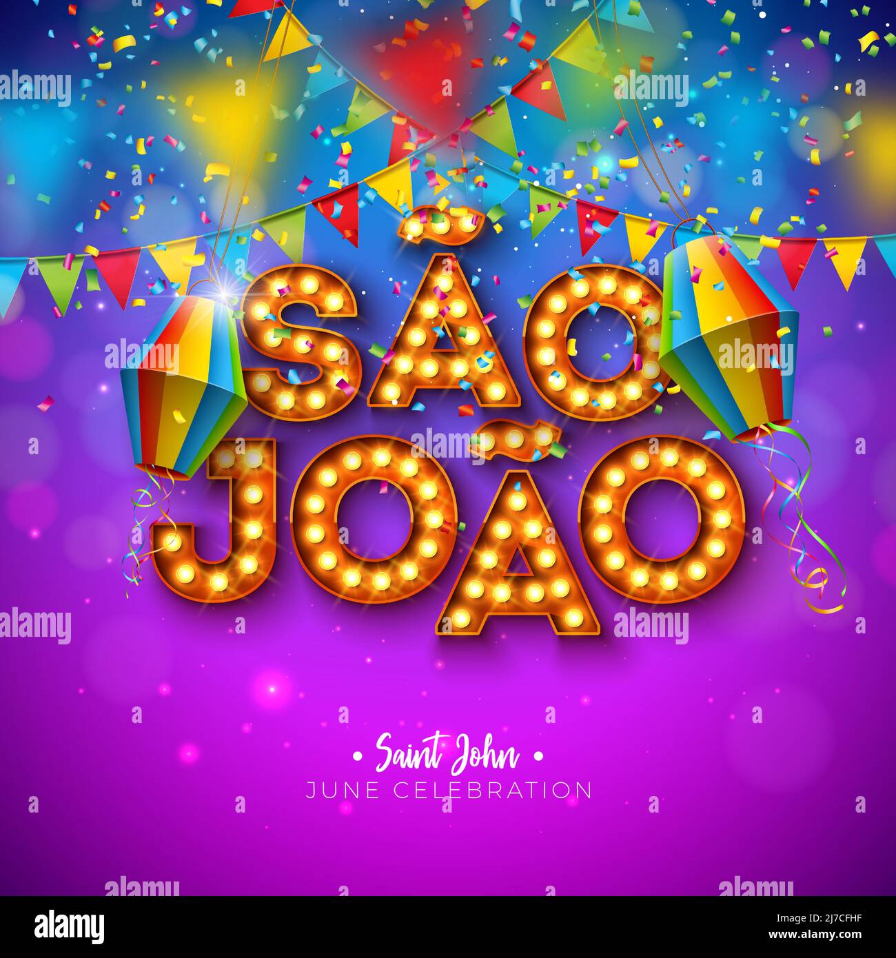 Festa Junina Illustration avec drapeaux de partie, lanterne en papier et ampoule de panneau d'affichage Sao Joao lettrage sur fond violet. Vector Brésil juin Illustration de Vecteur