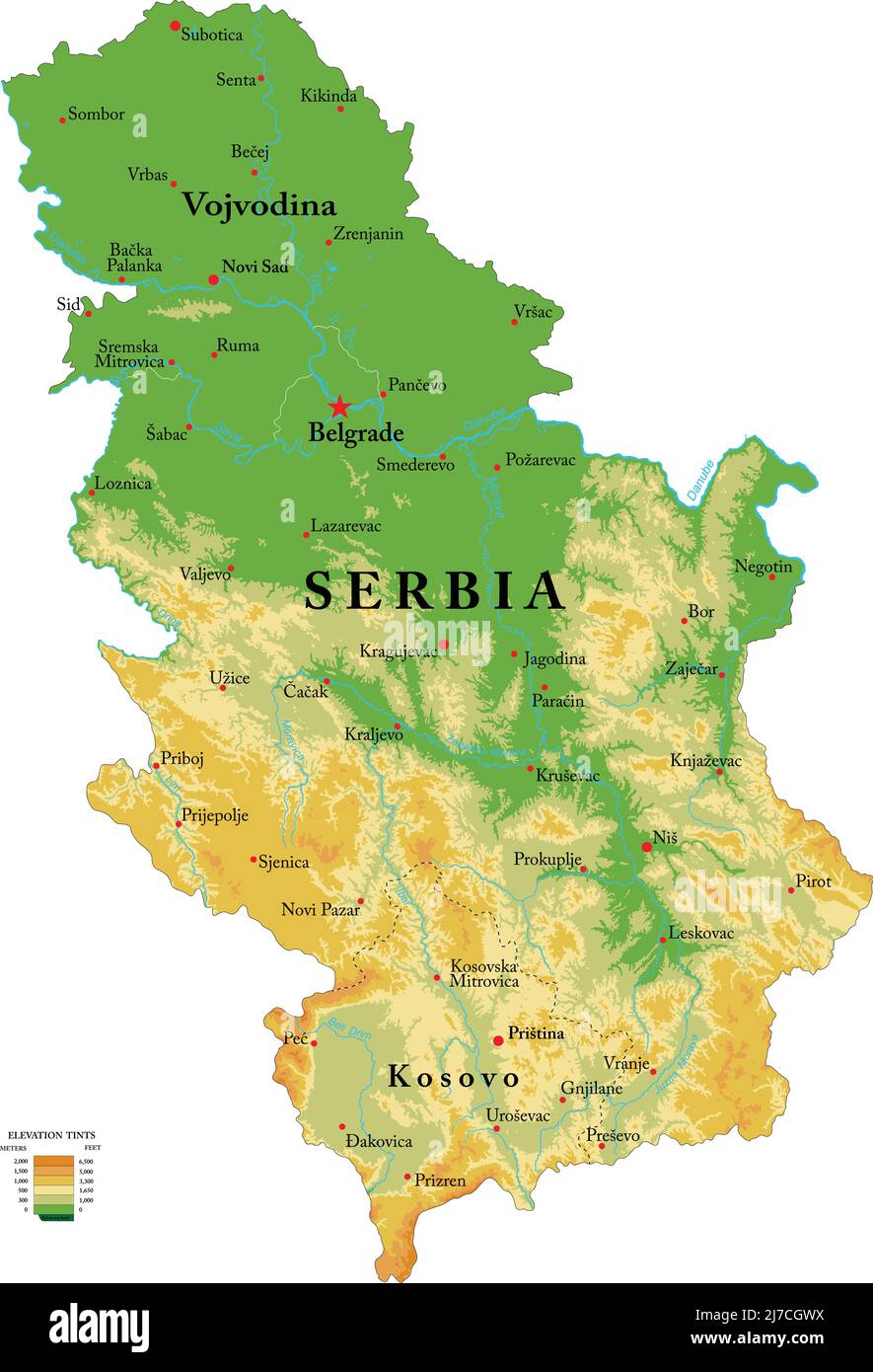 Carte physique très détaillée de la Serbie, en format vectoriel, avec toutes les formes de secours, les régions et les grandes villes. Illustration de Vecteur