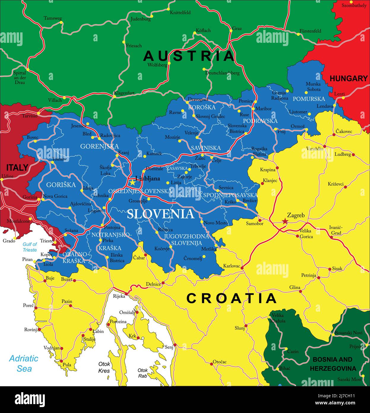 Carte vectorielle très détaillée de la Slovénie avec régions administratives, principales villes et routes. Illustration de Vecteur