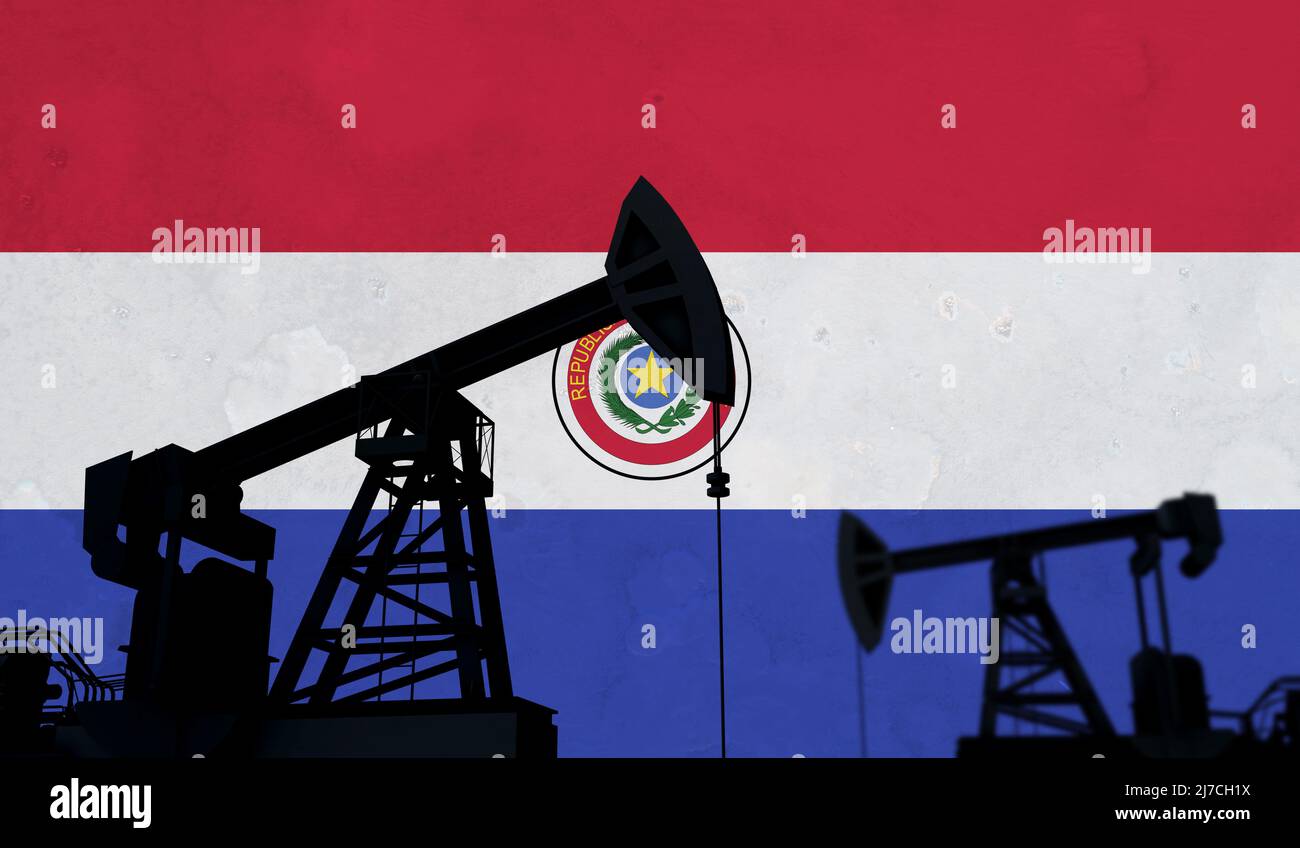 Contexte de l'industrie du pétrole et du gaz. Silhouette de la pompe à huile contre le drapeau du paraguay. 3D rendu Banque D'Images