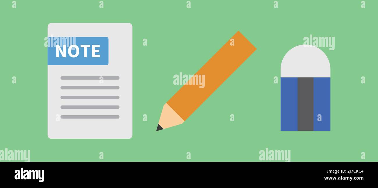 Ensemble d'icônes d'un bloc-notes, d'un stylet et d'une gomme. Vecteur modifiable. Illustration de Vecteur