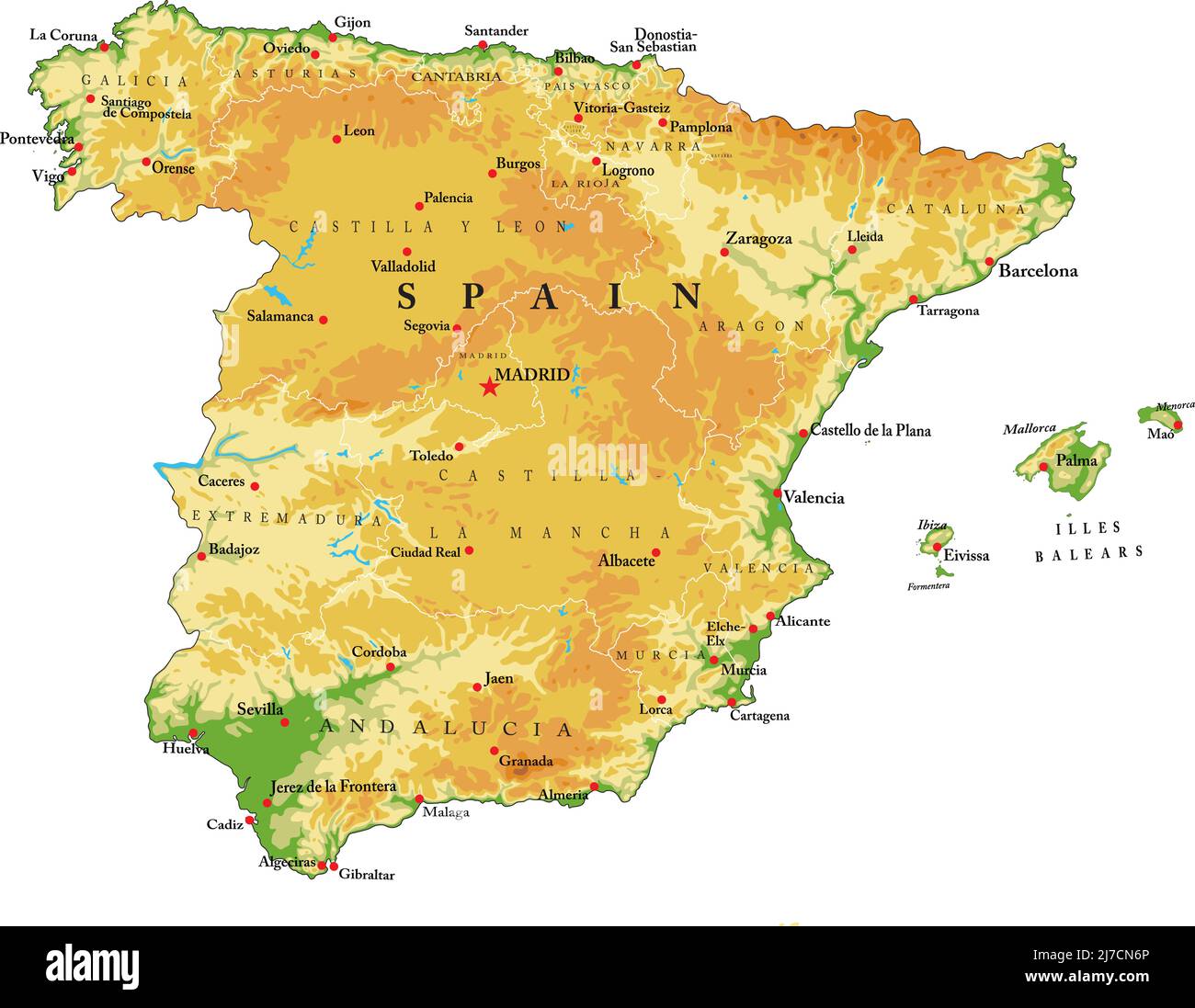 Carte physique très détaillée de l'Espagne, en format vectoriel, avec toutes les formes de relief, les régions et les grandes villes. Illustration de Vecteur