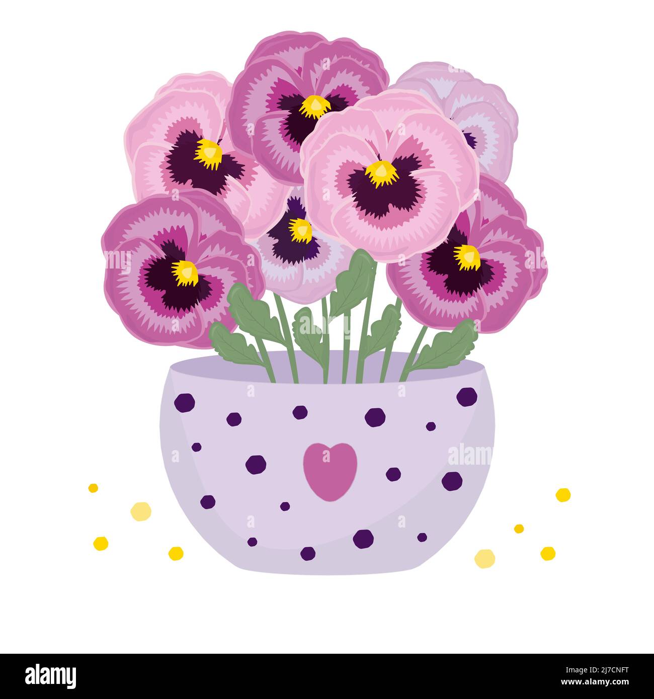 Sept pansies roses dans un vase, illustration colorée Illustration de Vecteur
