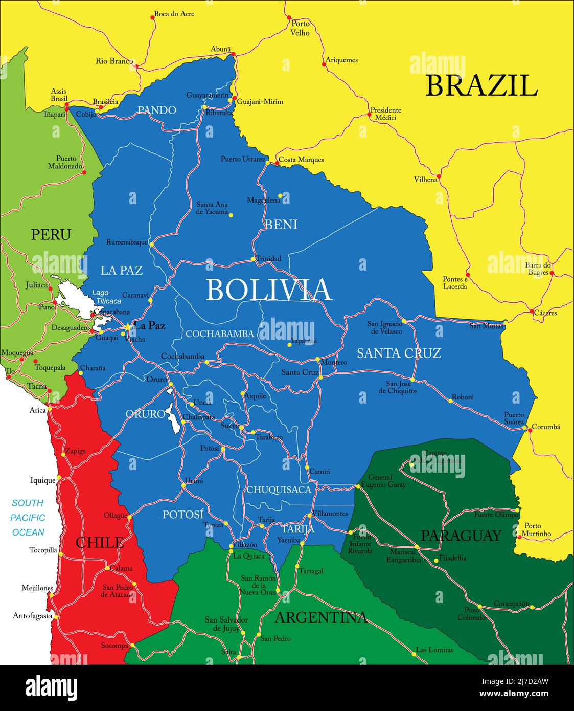 Carte vectorielle très détaillée de la Bolivie avec régions administratives, principales villes et routes. Illustration de Vecteur