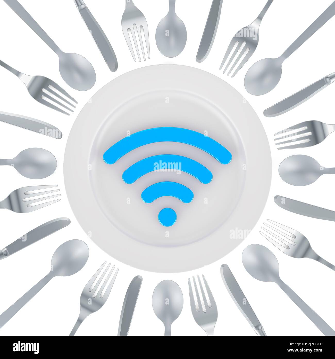 Concept de zone Wi-Fi gratuite. Panneau Wi-Fi sur l'assiette avec couteaux, cuillères et fourchettes autour, 3D rendu isolé sur fond blanc Banque D'Images