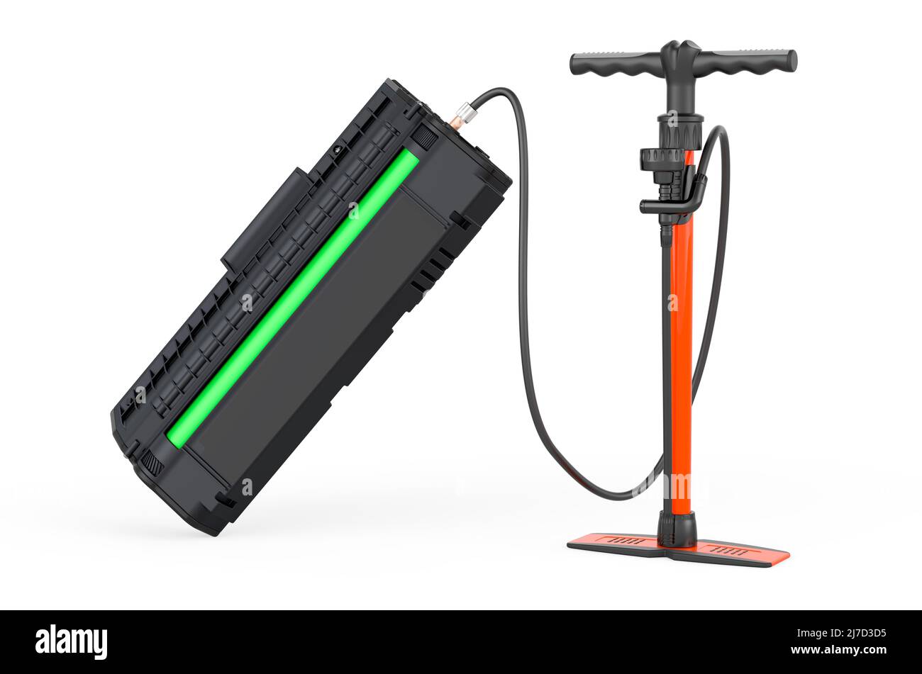 Cartouche de toner avec pompe manuelle. Concept de poudre de toner de recharge, rendu 3D isolé sur fond blanc Banque D'Images