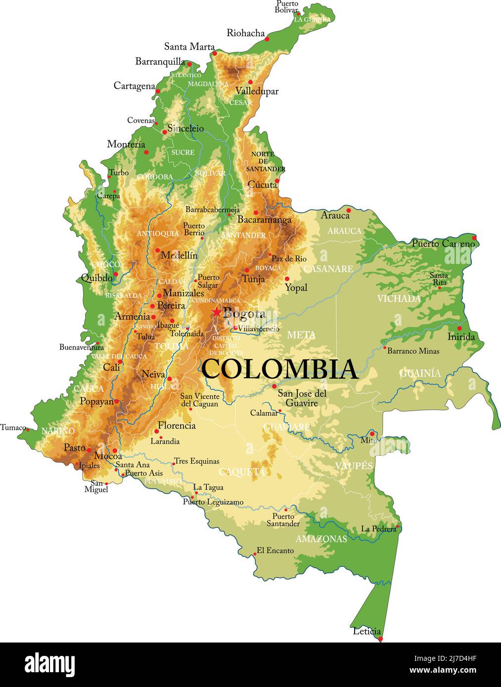 Carte physique très détaillée de la Colombie, en format vectoriel, avec toutes les formes de relief, les régions et les grandes villes. Illustration de Vecteur