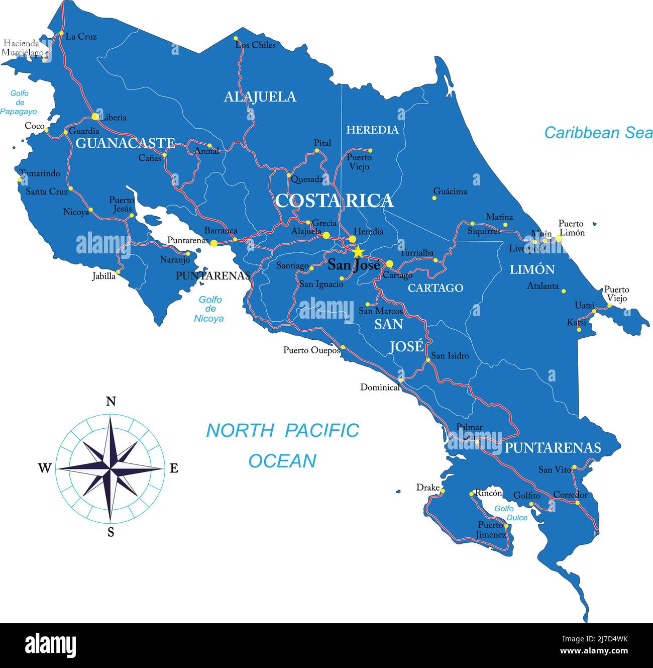 Carte vectorielle très détaillée du Costa Rica avec régions administratives, principales villes et routes. Illustration de Vecteur