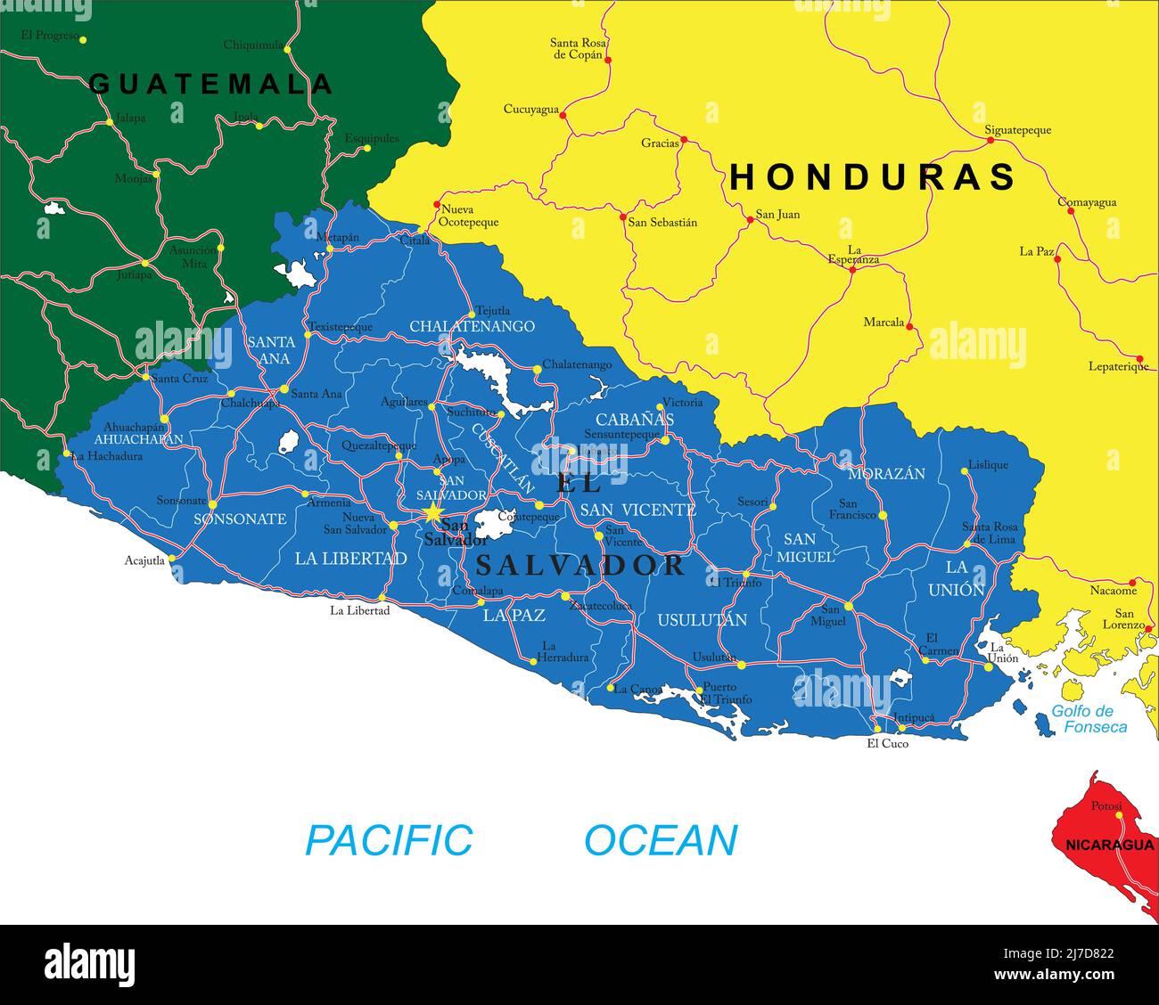 Carte vectorielle très détaillée du Salvador avec les régions administratives, les principales villes et les routes. Illustration de Vecteur