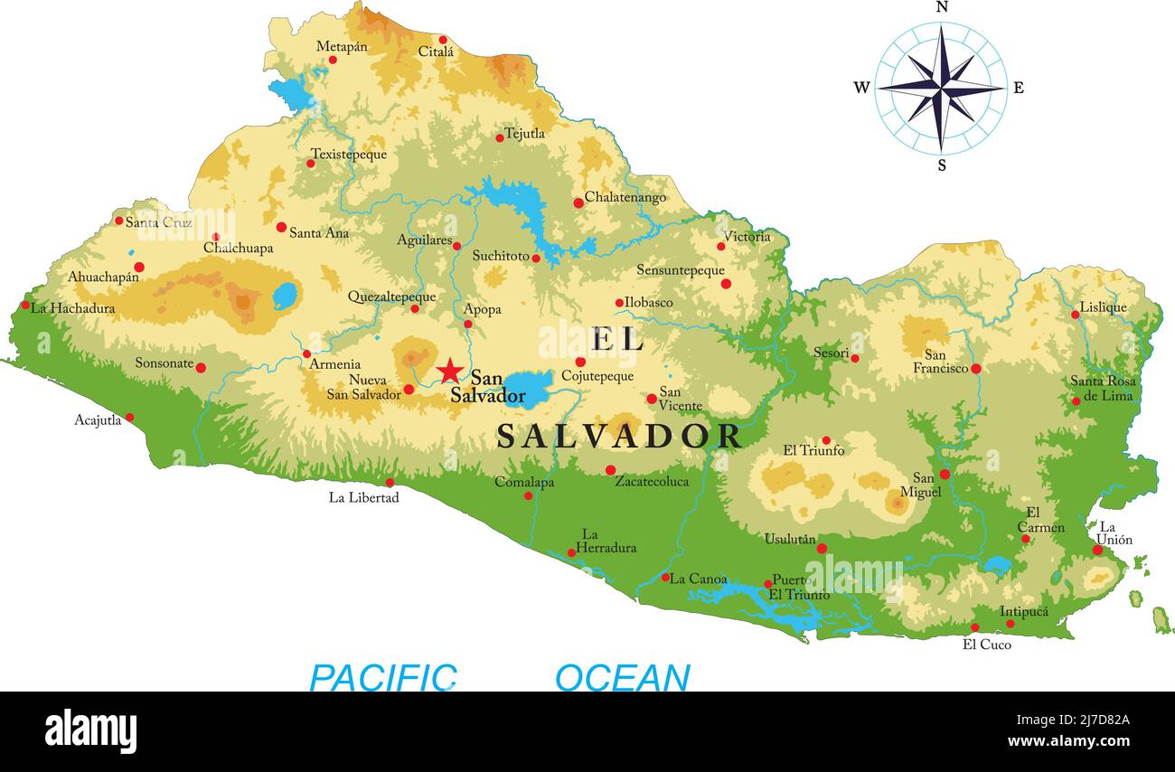 Carte physique très détaillée d'El Salvador, en format vectoriel, avec toutes les formes de secours, les régions et les grandes villes. Illustration de Vecteur