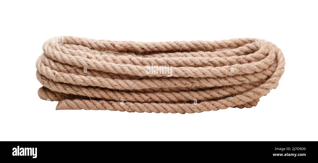 Bobine de corde de jute naturelle isolée sur blanc. Banque D'Images
