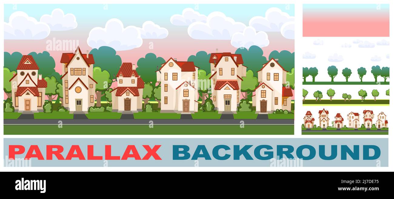 Rue. Définir l'effet de parallaxe. Maisons de dessins animés avec arbres. Village ou ville. En toute transparence. Belle maison de campagne confortable dans le style européen traditionnel. Bien Illustration de Vecteur