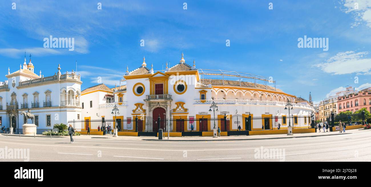 Panorama grand angle de l'arène taureau ou Plaza de toros de la Real Maestranza de Caballería de Sevilla arène taureau à séville Séville Espagne Banque D'Images
