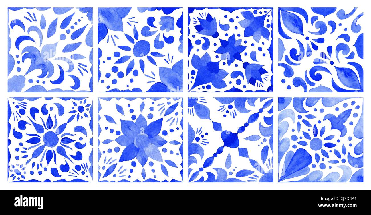 Carrelage portugais néerlandais azulejos dans les tons de bleu. Collection de tuiles baroques . Aquarelle Banque D'Images