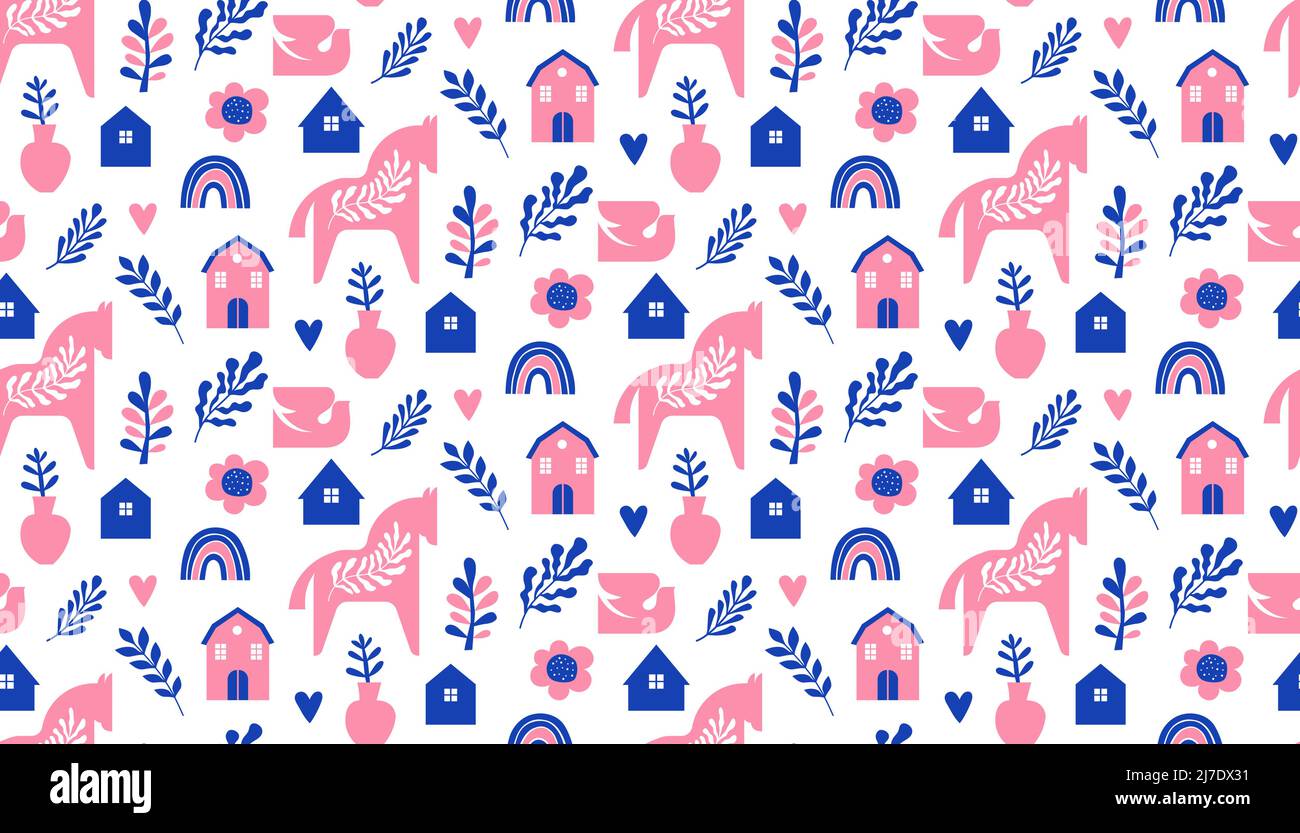 Motif sans coutures pour chevaux Dala et éléments floraux Illustration de Vecteur