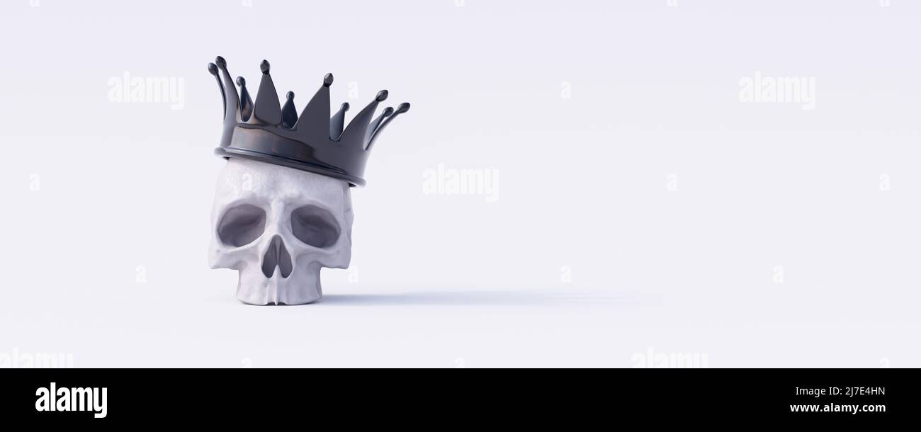 Crâne humain avec couronne noire sur fond blanc 3D rendu 3D illustration Banque D'Images