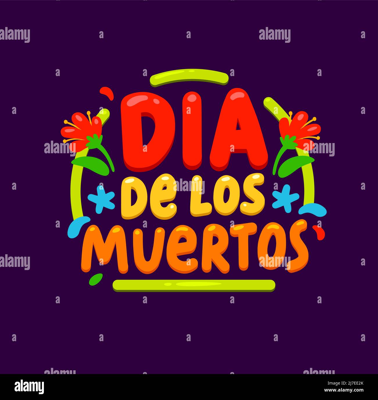 Dia de los Muertos, bannière de lettrage de dessins animés mexicains, Mexico Holiday fiesta, texte vectoriel. Journée de mort ou Dia de los Muertos bannière de célébration avec des fleurs marigold pour le salut Illustration de Vecteur