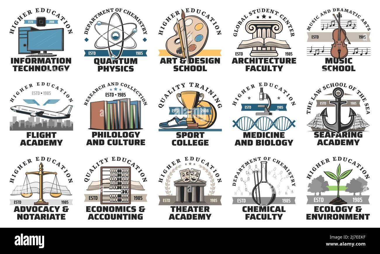 Icônes vectorielles Université et académie. Les emblèmes de l'enseignement supérieur au collège et à l'école. Art et design, académie de vol et école de musique, technologie de l'information, chimie et les facultés de sport isolées ensemble Illustration de Vecteur