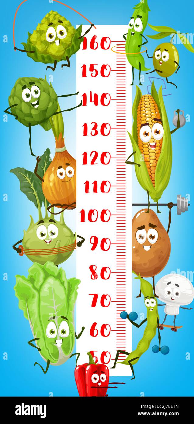 Dessins animés de la ferme des personnages de légumes faisant la forme  physique sur le tableau de croissance d'enfant. Le mètre de taille ou la  croissance des enfants mesure la règle vectorielle