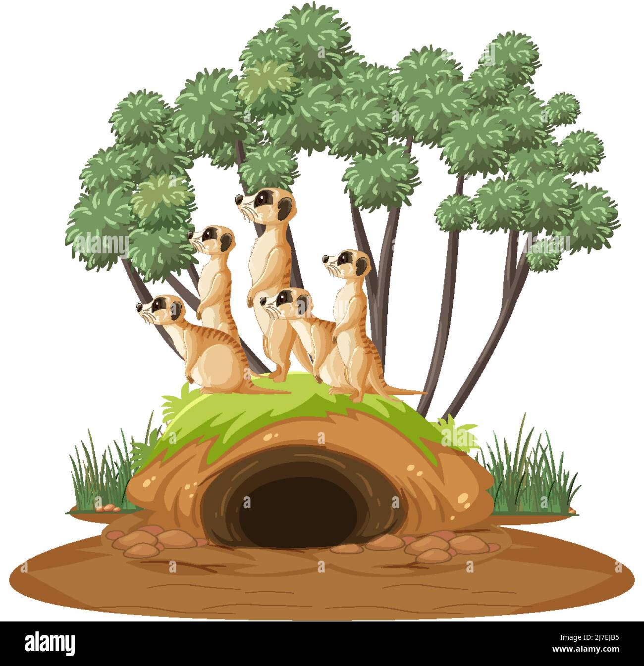 Groupe de meerkats avec le terrier dans l'illustration de style de dessin animé Illustration de Vecteur