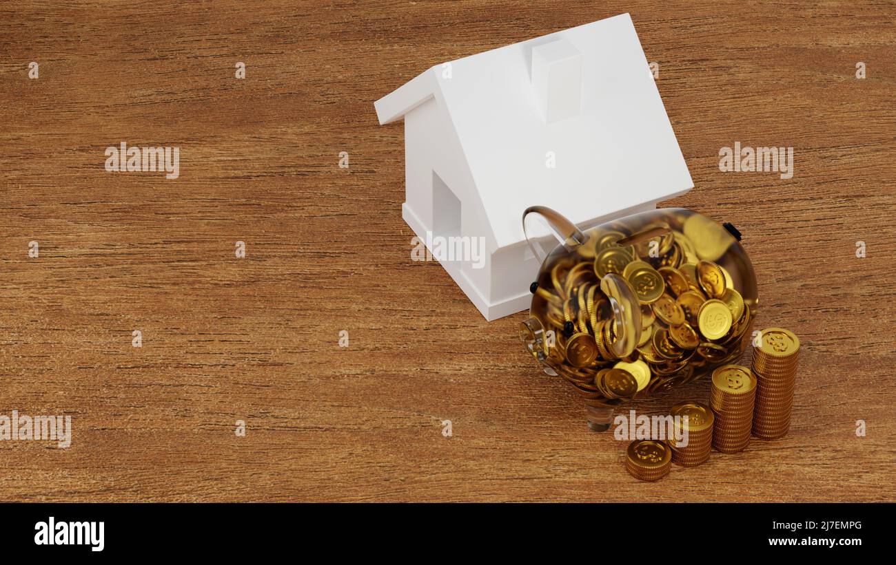 Banque de Piggy en verre avec pièce à l'intérieur près de la maison modèle et pile de pièces, économiser de l'argent pour acheter la maison, la propriété d'investissement, le concept immobilier d'hypothèque. 3D ren Banque D'Images