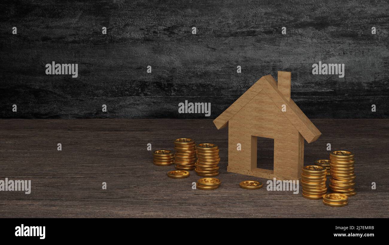 Pièce d'or et la maison de la forme de la banque de porc, économiser de l'argent pour acheter la maison, la propriété d'investissement, le concept immobilier d'hypothèque. 3D rendu. Banque D'Images