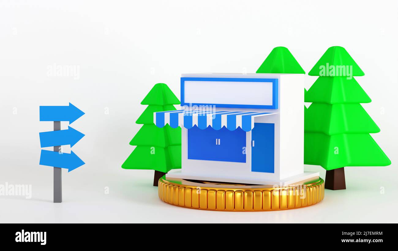 3D rendu, immeubles de rue petit magasin de façade urbain avec pièce d'or, concept de ville de shopping. Banque D'Images