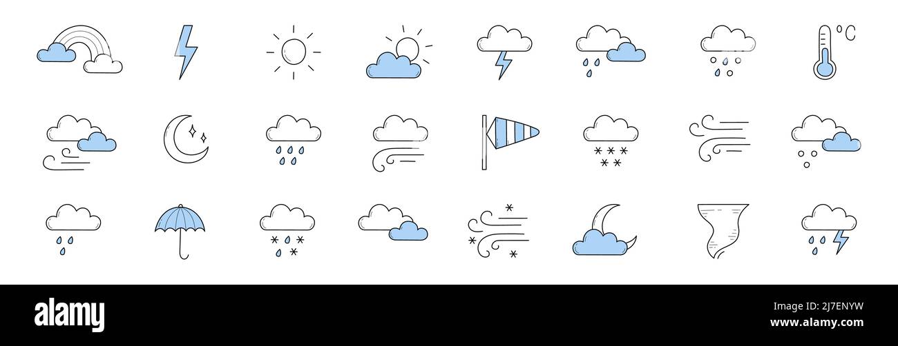 Icônes de météorologie, panneaux de prévisions météorologiques avec soleil, lune, nuages, foudre, arc-en-ciel, thermomètre et parapluie. Ensemble de caniche de pluie, neige, tornade, tempête de vent, couvert et blizzard Illustration de Vecteur