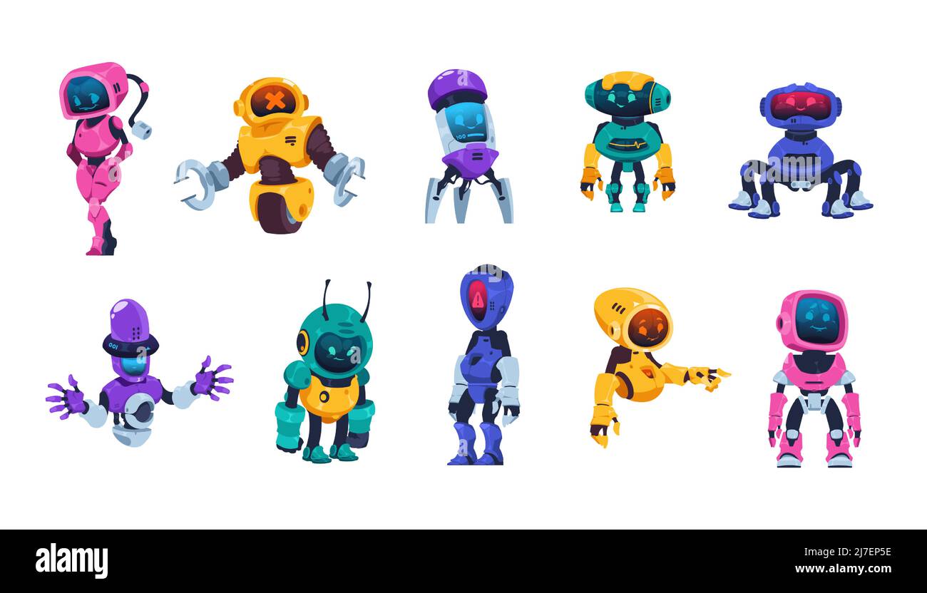 Robot mignon. Caricature artificielle intelligence bot mascotte, drôle de robot personnages avec bras jambes et têtes électroniques. Science et technologie des vecteurs Illustration de Vecteur