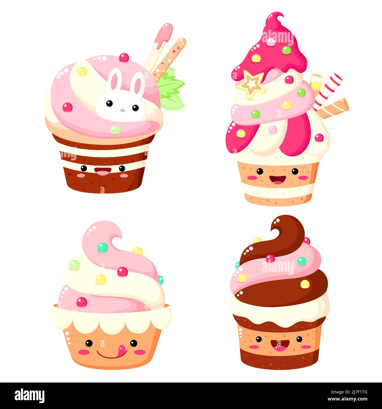 Ensemble de gâteau mignon, muffin, cupcake dans le style kawaii avec visage souriant et joues roses pour un joli motif. Illustration vectorielle EPS8 Illustration de Vecteur