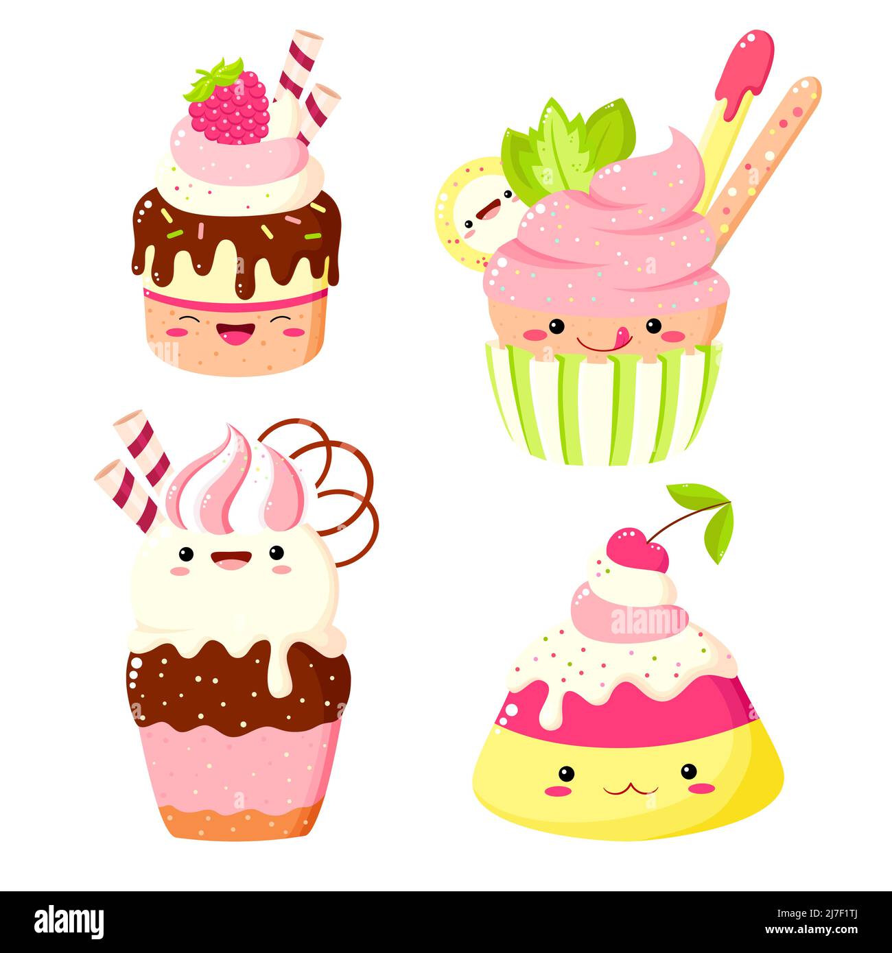 Ensemble de gâteau mignon, muffin, cupcake dans le style kawaii avec visage souriant et joues roses pour un joli motif. Illustration vectorielle EPS8 Illustration de Vecteur