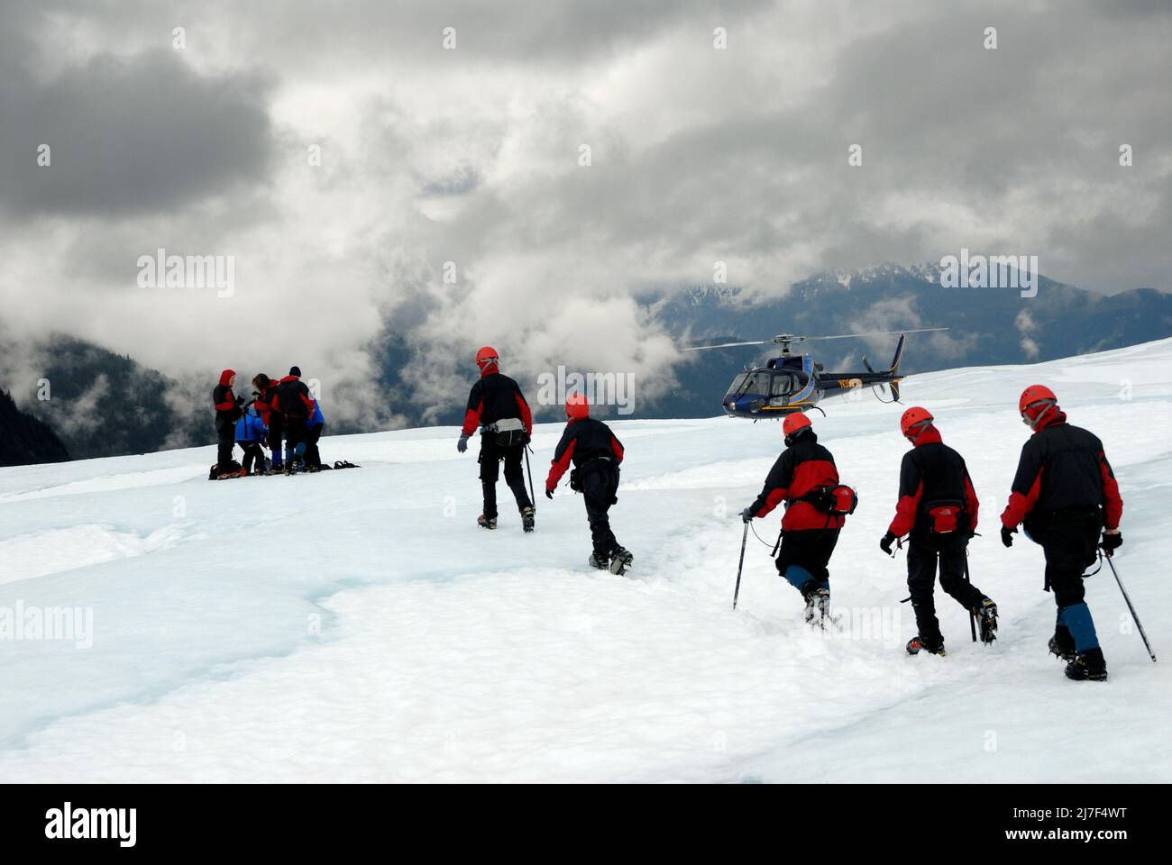 Les touristes font de la randonnée sur le glacier Mendenhall, près de Juneau. Banque D'Images
