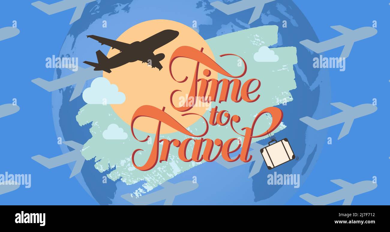 Illustration du temps pour voyager du texte et des avions volants, du soleil, de la terre, des nuages sur fond bleu Banque D'Images