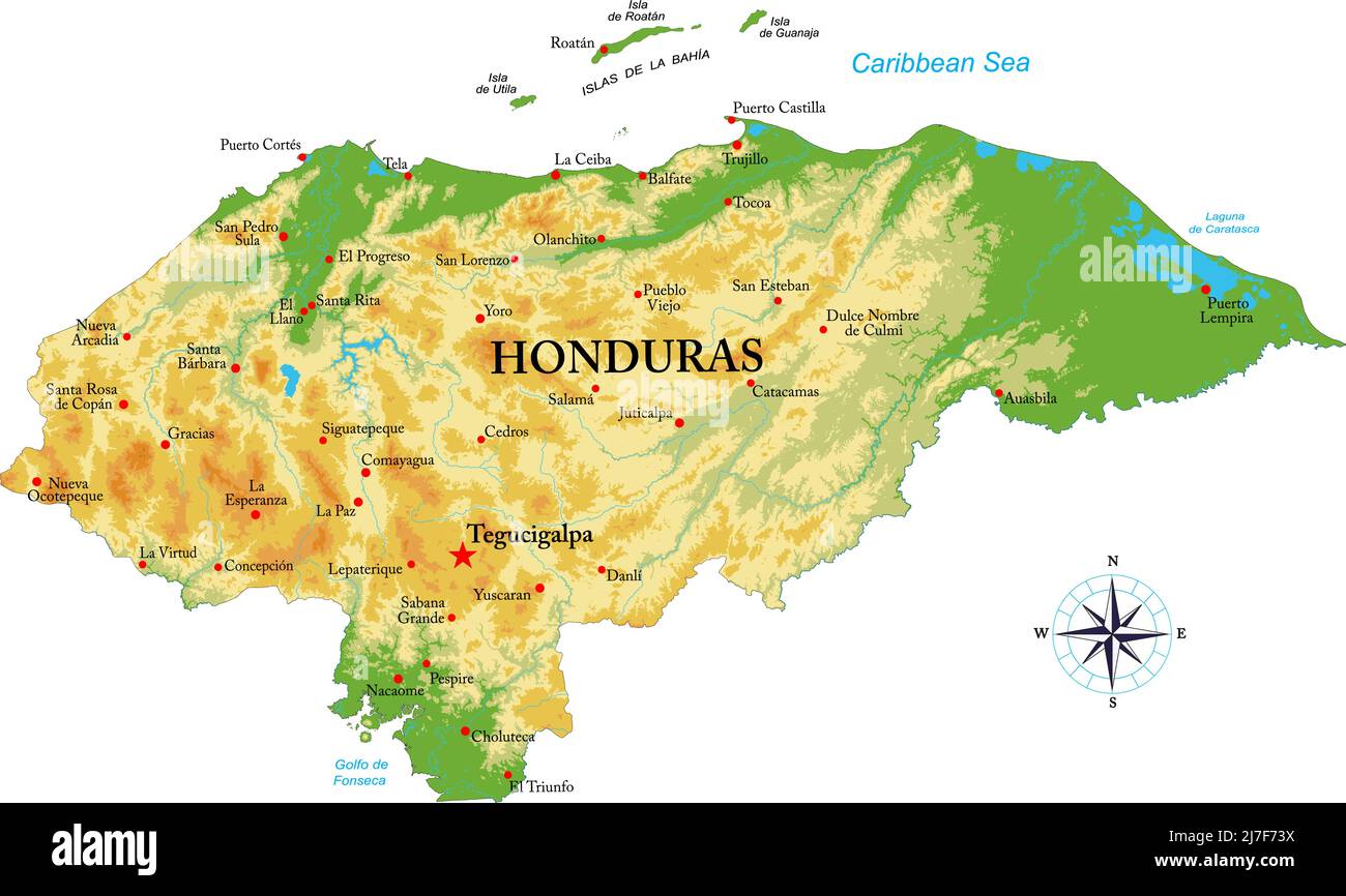 Carte physique très détaillée du Honduras, en format vectoriel, avec toutes les formes de secours, les régions et les grandes villes. Illustration de Vecteur
