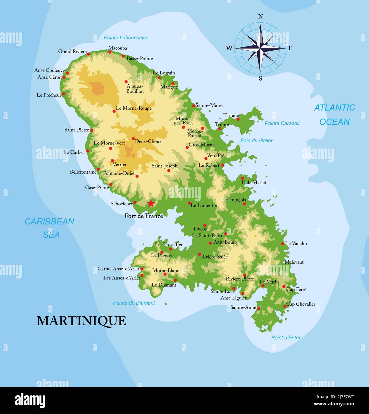 Carte physique très détaillée de l'île de Martinique, en format vectoriel, avec toutes les formes de relief, les régions et les grandes villes. Illustration de Vecteur