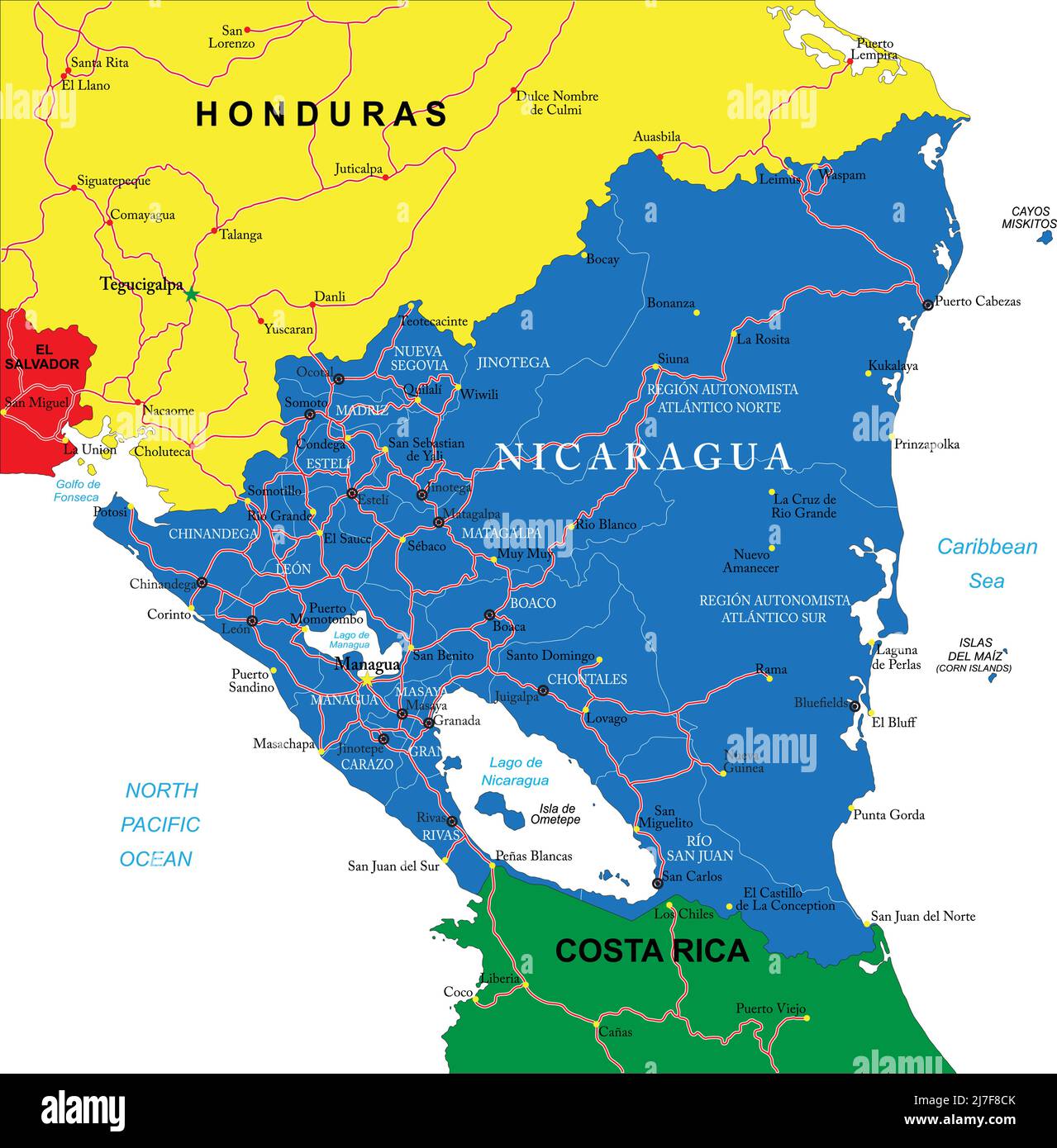 Nicaragua carte vectorielle très détaillée avec régions administratives, principales villes et routes. Illustration de Vecteur