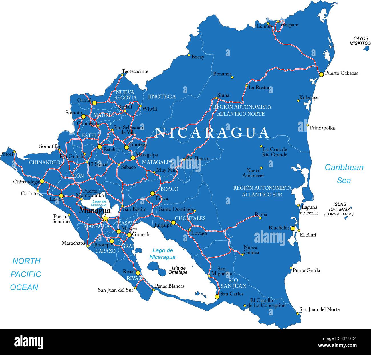 Carte Vectorielle Tr S D Taill E Du Nicaragua Avec R Gions Carte Vectorielle Tres Detaillee Du Nicaragua Avec Regions Administratives Principales Villes Et Routes 2j7f8d4