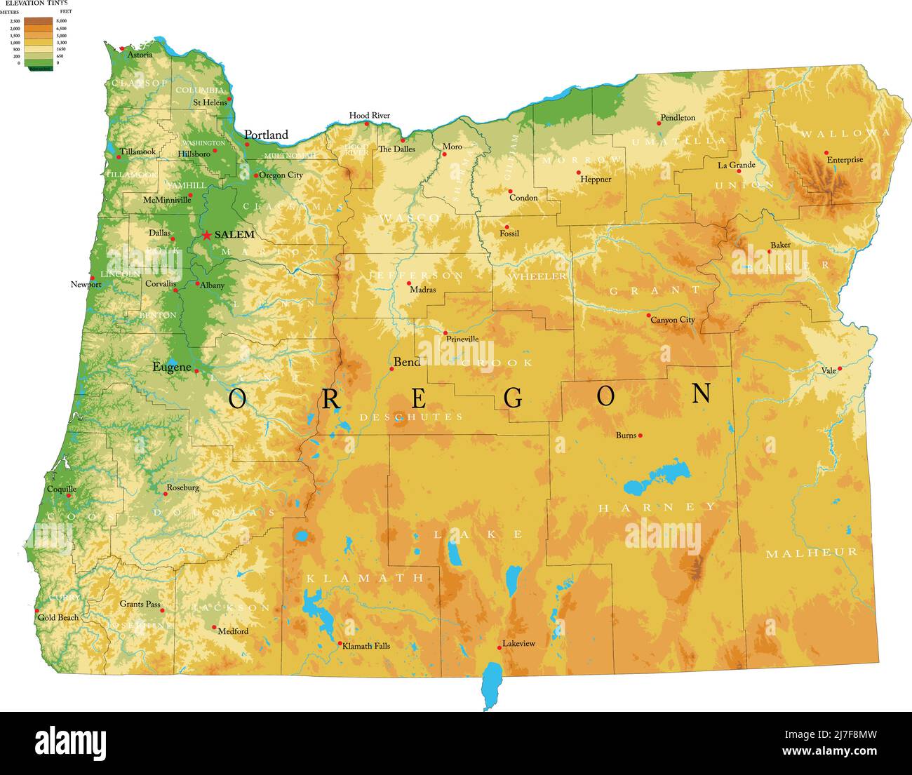 Carte physique très détaillée de l'Oregon, en format vectoriel, avec toutes les formes de relief, les régions et les grandes villes. Illustration de Vecteur