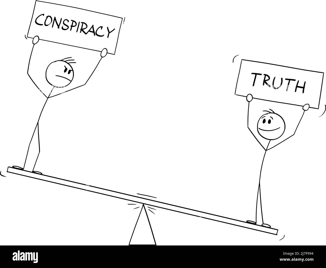 Deux personnes sur balance balances tenant des signes de conspiration et de vérité , Illustration de la figure de bâton de dessin vectoriel Illustration de Vecteur