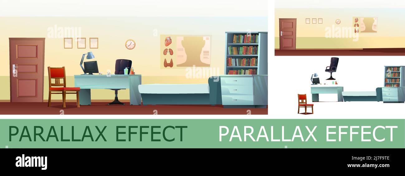 Cabinet de médecin avec effet parallaxe. Bureau avec fauteuil et ordinateur. Table et chaise pour les patients. Affiche médicale et médicaments. Dessin animé drôle de sty Illustration de Vecteur