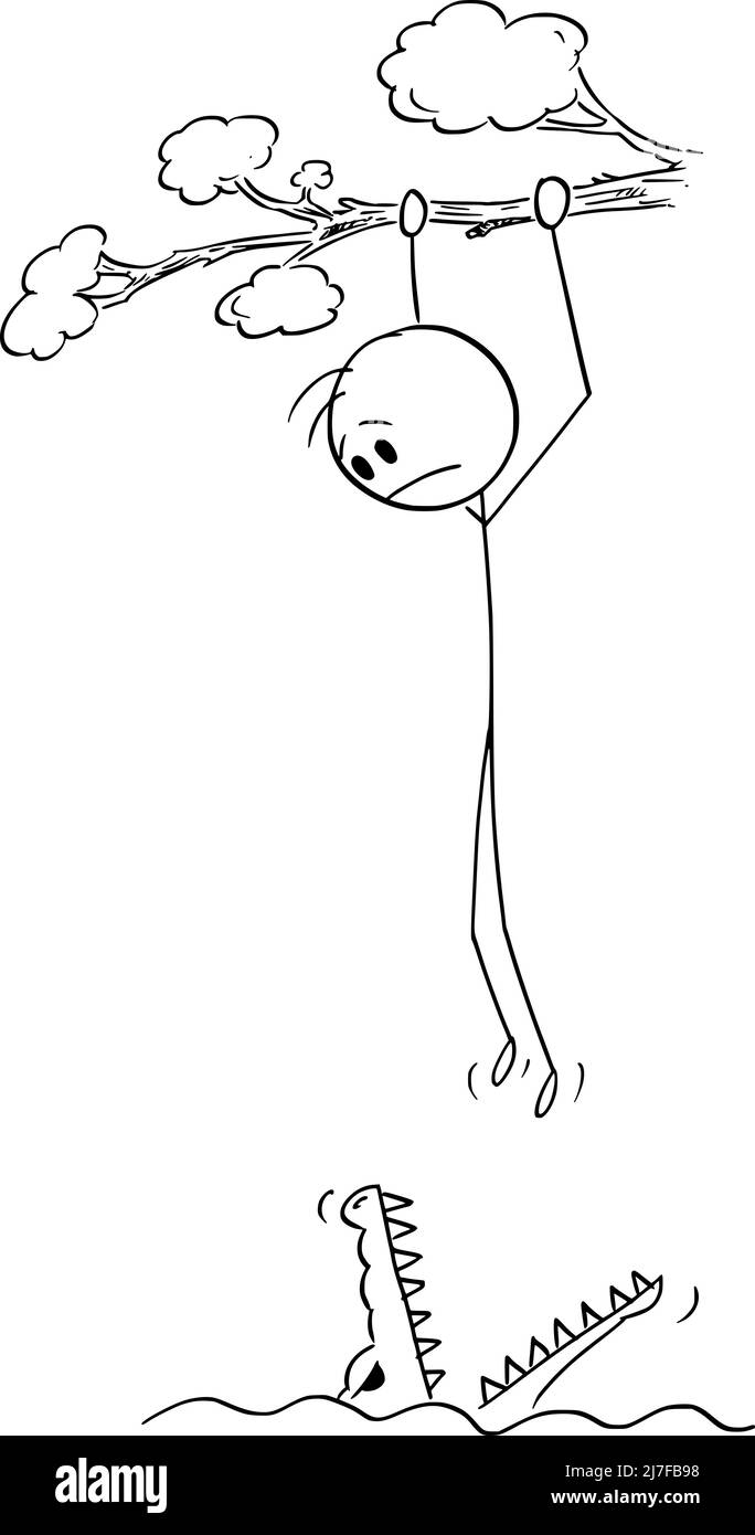 Personne en difficulté à accrocher sur l'arbre au-dessus de l'eau de crocodile , bâton de dessin vectoriel Figure Illustration Illustration de Vecteur