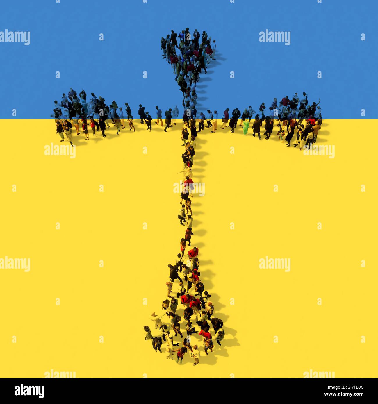Concept ou communauté conceptuelle de personnes formant l'image de la croix chrétienne religieuse sur le drapeau ukrainien. 3D métaphore de l'illustration pour Dieu, Christ Banque D'Images