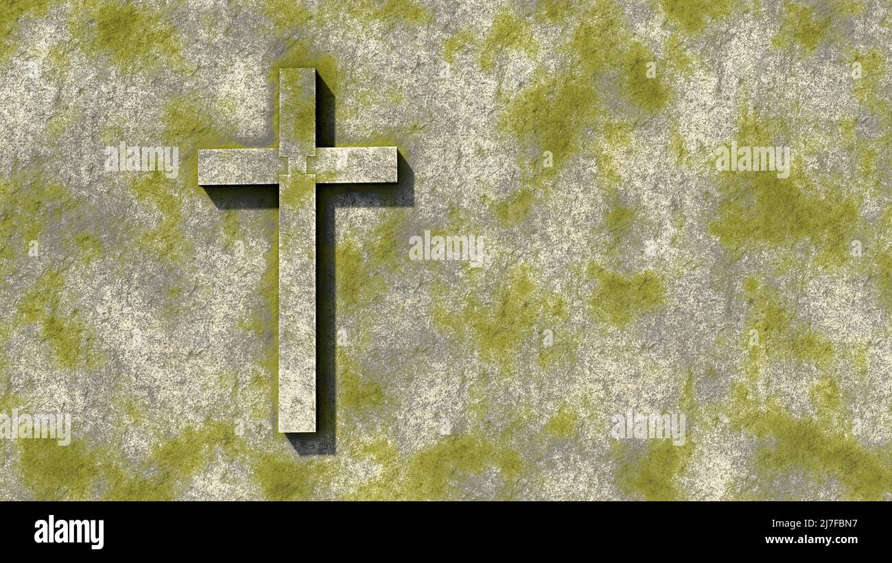 Concept ou concept de croix de pierre verte sur un fond de pierre grungy vintage. 3D métaphore de l'illustration pour Dieu, Christ, Christianisme, religieux, fait Banque D'Images