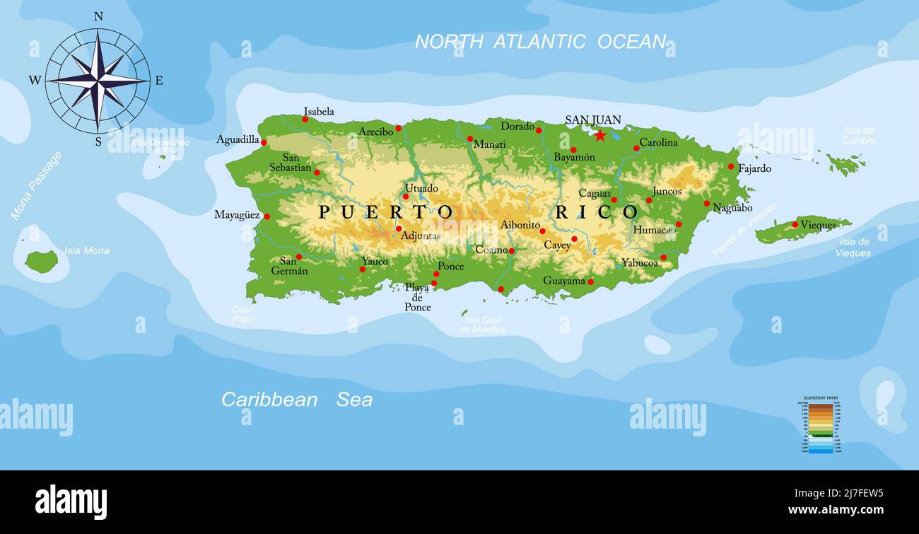 Carte physique très détaillée de Porto Rico en format vectoriel, avec toutes les formes de secours, les régions et les grandes villes. Illustration de Vecteur