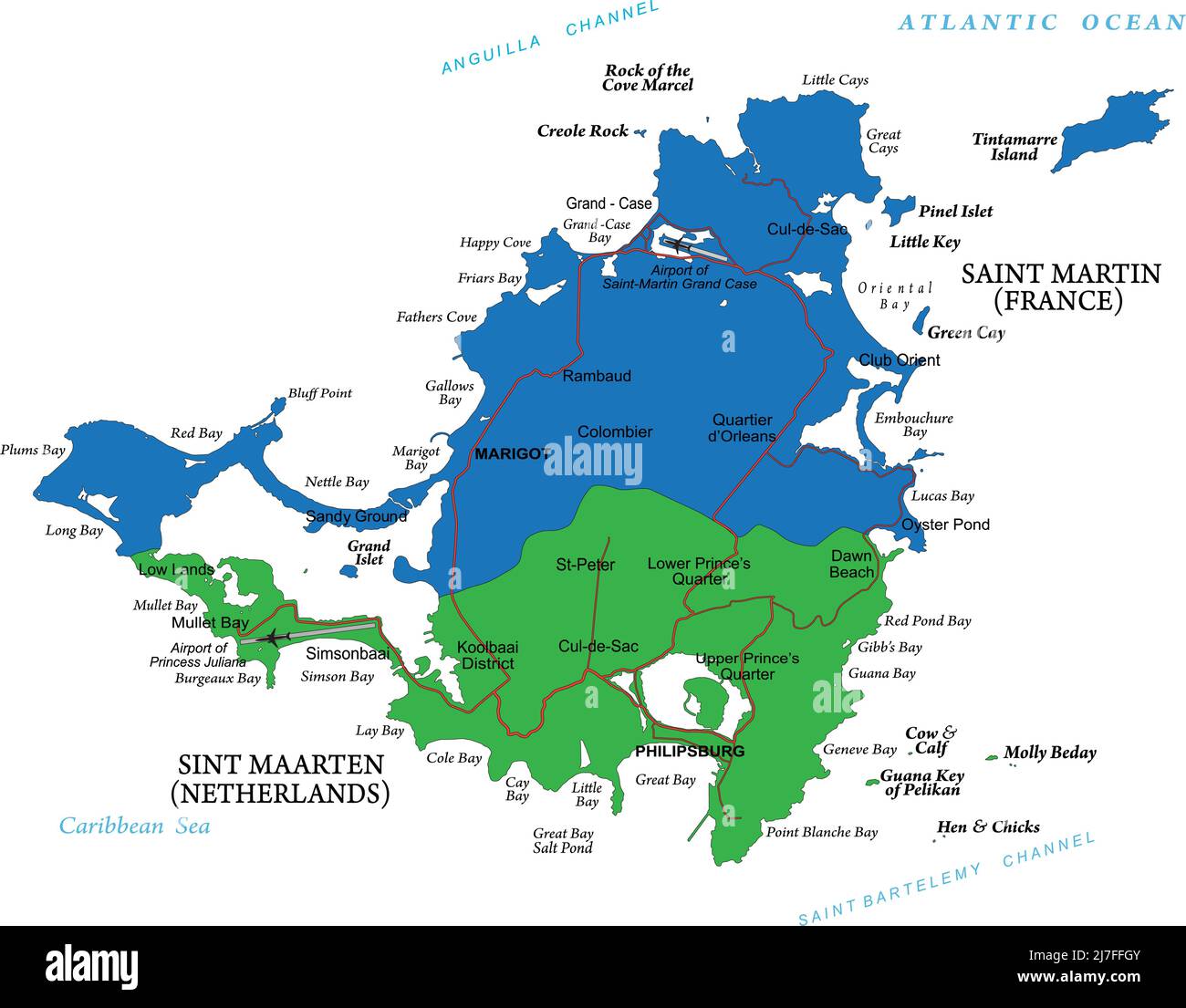 Carte très détaillée de l'île des caraïbes de Saint Martin avec la carte des principales villes et routes Illustration de Vecteur