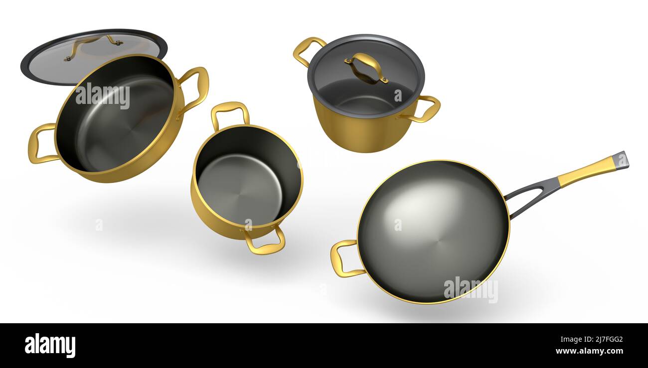 Jeu de récipients en acier inoxydable, poêle à frire et batterie de cuisine en aluminium chromé sur fond blanc. 3d rendu des ustensiles de cuisine antiadhésifs Banque D'Images
