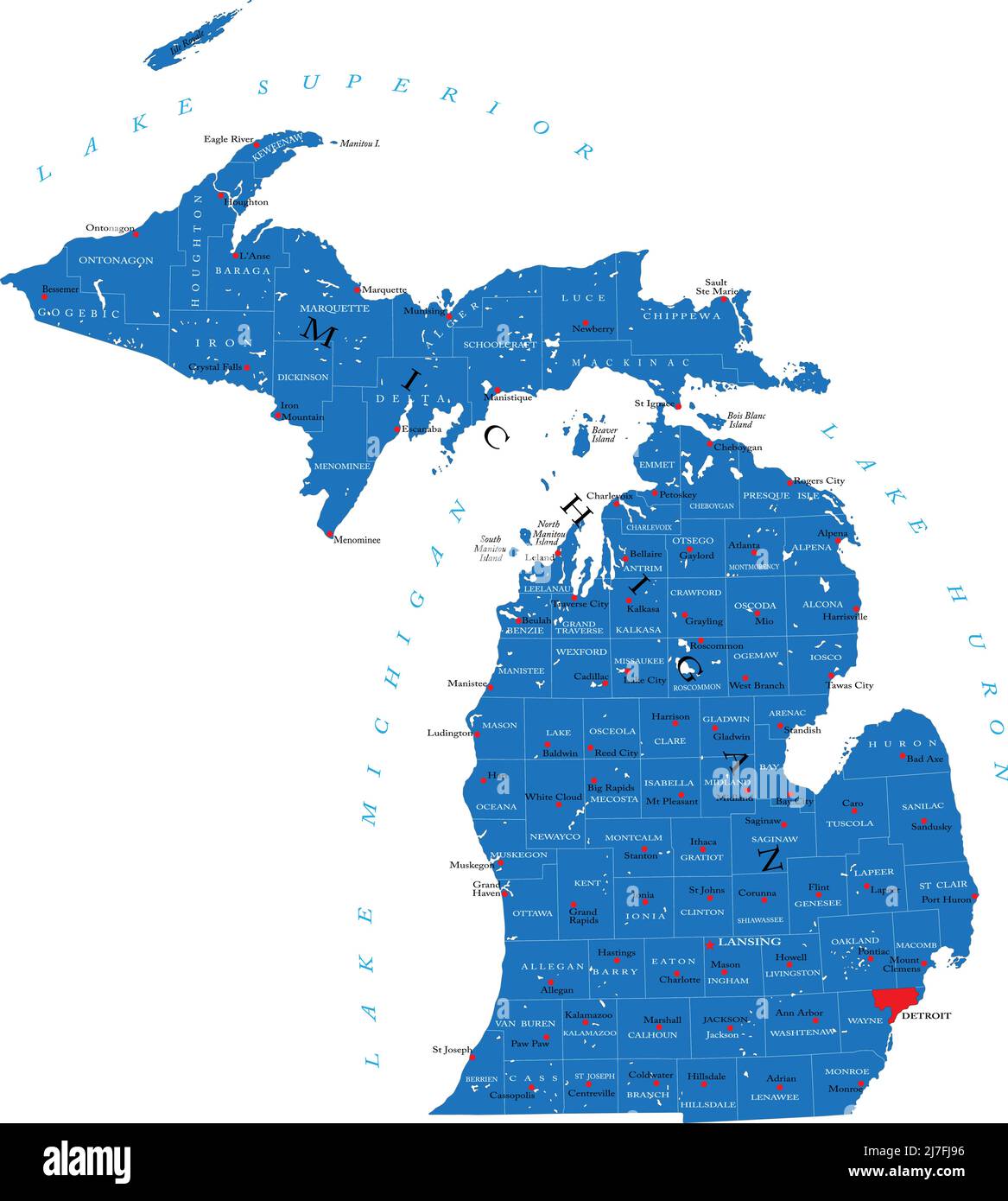 Carte détaillée de l'État du Michigan, en format vectoriel, avec les frontières du comté et les principales villes. Illustration de Vecteur