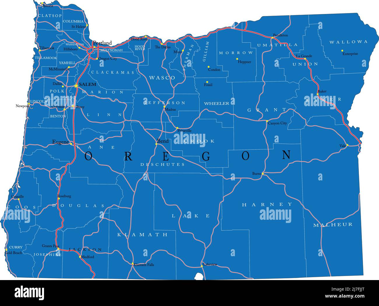 Carte détaillée de l'état de l'Oregon, au format vectoriel, avec frontières du comté, routes et grandes villes. Illustration de Vecteur
